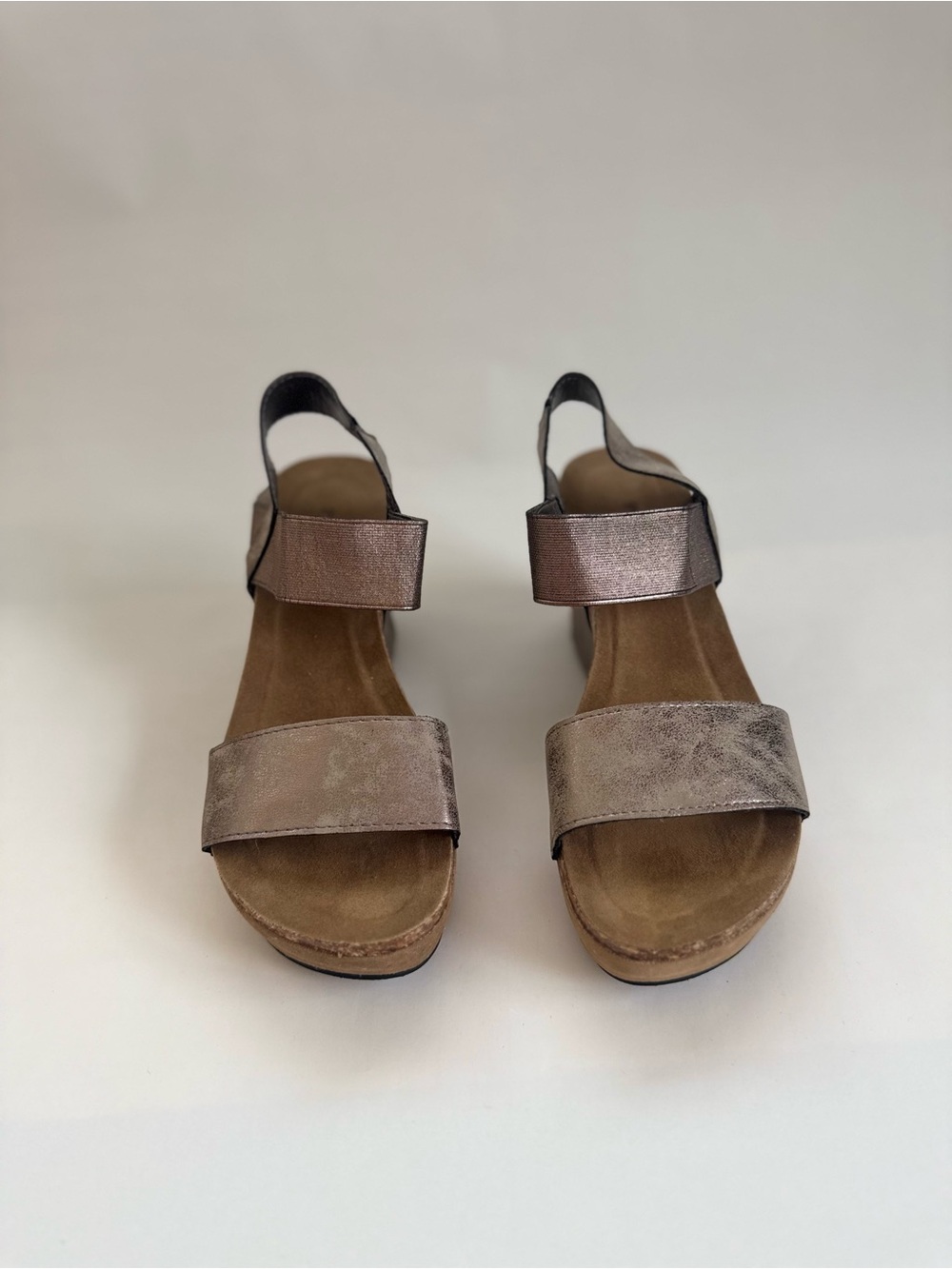 Pierre Dumas Women's Metallic Pewter Two-Strap Slingback Wedge Sandals